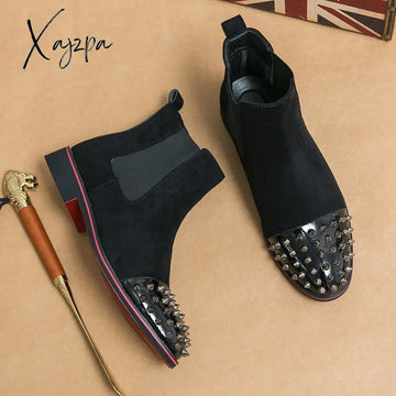 Xajzpa - New Black Men Chelsea Boots Flock Rivet Square Toe Red Sole Punk Handmade Short Free